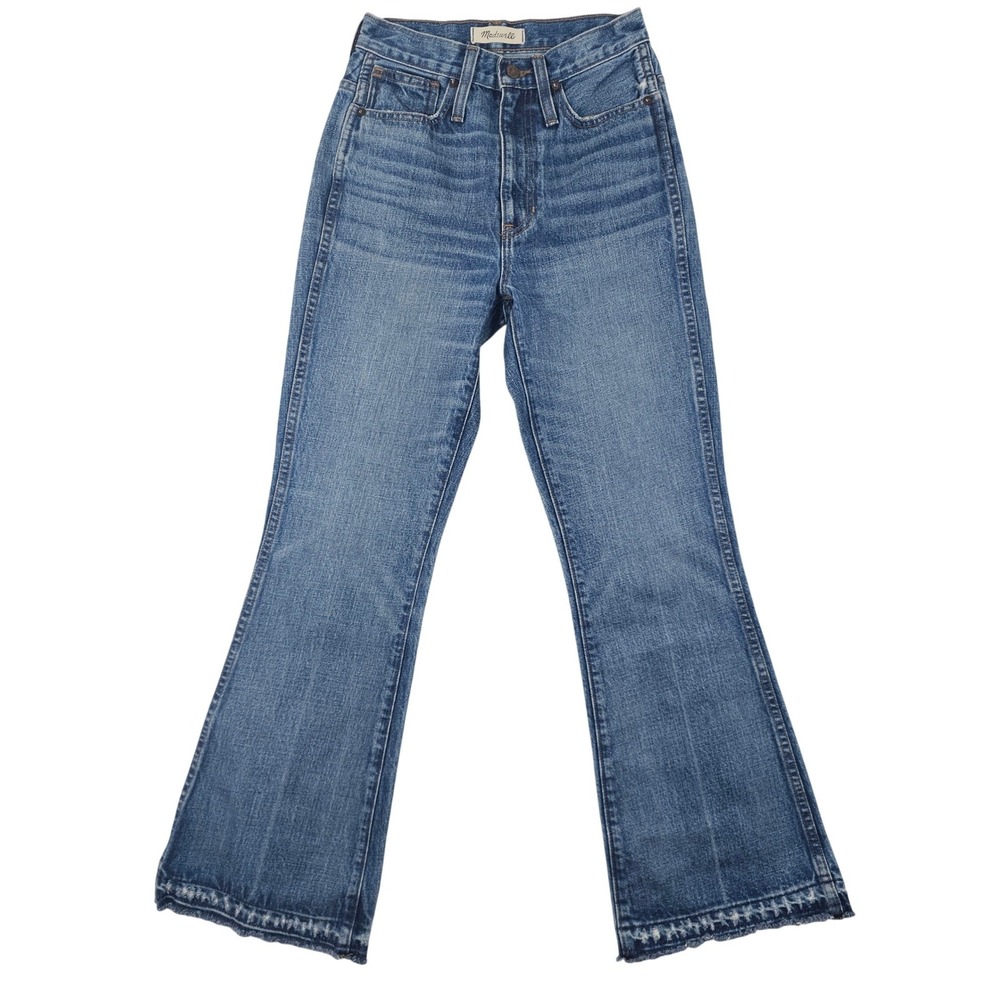 Madewell High Rise Flare Jeans Medium Wash Raw Hem Blue Denim Womens 24‎